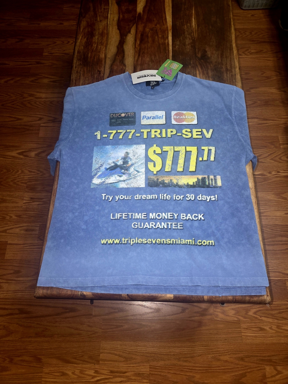 Triple 7 Blue Graphic Short Sleeve Tee with Yellow Print